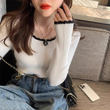 Grey Fragrant Knitted Sweater Women's Autumn And Winter Design Sense Retro Lace Top Pure Desire To Put On The Bottom Of The Sweater