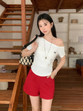 Irregular Collared Shoulder Thin Short-Sleeved T-Shirt For Girls Summer New Folded Sweet Babes Embroidered Short Top