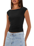 2025 Summer New Boat Collar Casual Fashion Folding Body Short Umbilical T-Shirt Girl