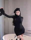 Spice Girl Deli Long Sleeve Dress Women's Winter Under-Bottomed And Buffet Dress High-Necked Slim Short Dress