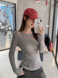 Letter Embroidery Design Hollow Hole Knitted Shirt Women Autumn Sun Protection Shirt Pure Lusty Temperament Micro-Permeable Top