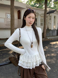 Milk White Half-High Lace Lace Long-Sleeved T-Shirt 2026 Autumn Wood Ear Repair Bottom Shirt Top
