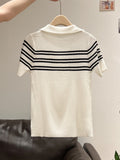 Korean Button Half-Neck Short-Sleeved T-Shirt Striped Knitted Dress Slim Slimmed Summer Beautiful Slim Slim Slim Small Top