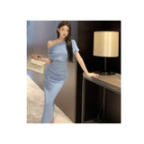 Slanted Collared Shoulder Sexy Waist Temperament Folded Dress French Dress Long Dress Summer Senior Sense