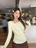 Coffee Color Korean Slanted Shoulder Collar Long-Sleeved T-Shirt 2026 Autumn Bottom Folded Thin Inside Top
