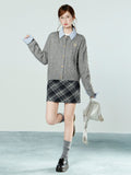 Grey POLO Collared Two Long-Sleeved Knitted Sweater Jacket Bottomed With Spring Blouse Woman