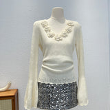 European Dress Design Sense Small Long-Sleeved Sweater Women's Spring And Autumn Fashion Handmade Flowers Unique To The Gentle Wind Top