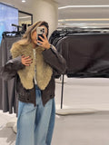 Autumn And Winter New Maillard Brown Collar Loose Locomotive Wind Leather Coat