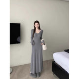 2025 Vintage Temperament V-Necked Horn Sleeve Dress Women's Autumn And Winter Body To Collect Waist Thin Feeling Long Skirt