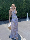 Broken Flower Hanging Neck Dress Women Summer Sexy Bare Back Folds To The Waist Thin Net Yarn Long Skirt Long Model