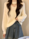 White Hanging Neck Horse Hair Sweater Women Autumn And Winter V Collar With Knitted Bottom Shirt Soft Porridge Velvet High-End Top
