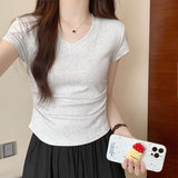 2026 Summer Light Blue Folds To The Waist Shoulder Short-Sleeved Women's T-Shirt Small Flying Sleeve V Collar Collar Collar Collar Collar Collar Sexy Top