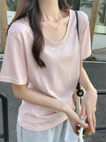Pink U-Neck Shoulder Short-Sleeved Women's T-Shirt Summer New Large-Size Fat Mm Shaved Stomach Big Thin Loose Tops Hidden Meat