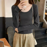 Round Collar Shoulder Cotton T-Shirt Women's Long Sleeves With Autumn New Elastic Slimming Hottie Bottom Shirt