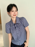 Fashion Retro Blue Plaid Short Sleeve Loose Shirt For Women's Summer New Bubble Sleeves Collar Sweet Top