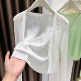 Large-Size Blue V-Neck Ice Silk Sunscreen Knitted Cardigan Women's Summer Thin Slings With Knitted Blouse Shawl