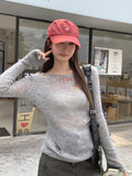 Letter Embroidery Design Hollow Hole Knitted Shirt Women Autumn Sun Protection Shirt Pure Lusty Temperament Micro-Permeable Top
