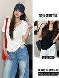 Det-Collared U-Neck Short-Sleeved T-Shirt Women's Summer Version Of Large-Size Bottom Shirt Fat Sister Thin Belly On The Shoulder