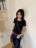 Pure Lattice Splicing Short-Sleeved T-Shirt Girls Summer New Fake Two-Piece Letter Repair Inside The Bottom Top