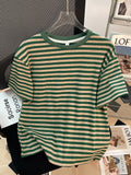 2025 New Summer Striped Short-Sleeved T-Shirt Girl Chic Loose Korean Version Of The Right Shoulder Reduction Body Blouse Ins