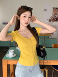 Hottie Sexy Peach Heart Collar Short-Sleeved T-Shirt Girl Summer New Niche Slime Shoulder Short Top