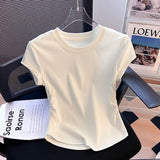 Pure Cotton Shoulder Round Collar Short-Sleeved T-Shirt Women's Summer Design Sense Of Niche Folding Waist Irregular Blouse Tide