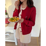 Christmas Red Wear Fake Two Bows Long Sleeves Bottom Knitted Cardigan Women In Autumn And Winter Round Collar Repair Body