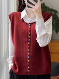 French Retro Buckle Round-Neck Knitted Vest Cardigan Women's Sleeveless Vest Sweater 2025 Autumn Folded Top
