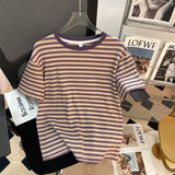 2025 New Summer Striped Short-Sleeved T-Shirt Girl Chic Loose Korean Version Of The Right Shoulder Reduction Body Blouse Ins