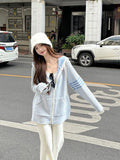 College Style Hooded Striped Double-Layer Knitted Coat Women Spring And Autumn Lazy Casual Blue Sweater Cardigan Shirt Top