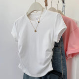 Grey Shoulder Short-Sleeved T-Shirt Summer Dress 2025 New Folds To Collect Thin Cotton Jersey Top