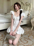 Lace Stitching French Short-Sleeved Dress Women's Summer Bow Ponopne Ponmp Dress Sweet Waist Skirt A Short Skirt