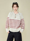 Design-Sensitive Striped Horn Buckle Round Collar Collar Sweater 2026 Autumn And Winter New Knitted Long-Sleeved Top
