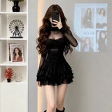 Light Luxury Temperament Mesh Splicing Long Sleeve Deep High-Neck Cake Skirt Women's High-End Feel French Banquet Dress