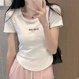 Pure Cotton Shoulder Round Collar Short-Sleeved T-Shirt For The Summer New Raspberry Color Repair Small Man To Collect The Waist Fish Bone Top Tide