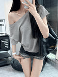Pure Cotton Oblique Shoulder Design Small Babes Short-Sleeved T-Shirt Girls Summer Loose Lazy Wind Casual Shoulder Coat
