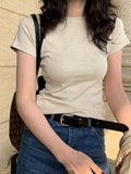 T-Shirt Women Shoulder Short Sleeves Of European Goods 2025 New Thin Round-Neck Shirt Folded Bottom Tops Body Truss