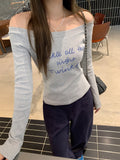 Gray Oblique Shoulder-To-Shoulder Letter Print Long-Sleeved Girl T-Shirt Early Autumn New Knitted Bottom Shirt Sexy Top