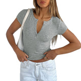 Dili 2025 Spring/Summer Y2K Sexy Thread Repair V-Neck Solid Color Knitted Short Sleeve T-Shirt T-Shirt