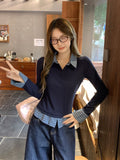 Fake Two POLO Collar Stitching Bump Color Long-Sleeved T-Shirt Women 2026 Early Autumn New Design Button Top