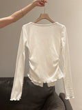 Wood Ear Unique Collar Long-Sleeved T-Shirt Women's Fake Two Single Buckle Shirt Early Autumn Wearing V-Neck Bottom Shirt