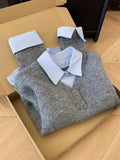 Grey Blue Sweater Shirt Fake Two Stacks Of Women's Autumn And Winter Korean Design Sense Niche Unique Knitted Shirt Top
