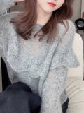 Spring Dress Wearing Hook Flower Hollow Sweater Female Lotus Leaf Side Gray Soft Glutinous Loose Collar Knitting Top