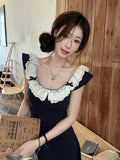 Lace Lace Spliced Flying Sleeve Dress Women Spring 2026 New Hot Girls To Close The Waist Of A Small A-Word Skirt