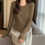 White Long-Sleeved Bottom Shirt Women In Autumn And Winter With A Short Fish Bone Top Design Embroidered Plus Velvet Hair T-Shirt