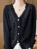 Heavy Industry Fashion Age-Retro-Weighted Women's V-Neck With Lace Lace Tops Autumn Korean Knitwear Coat