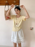 Korean Point Flower Apricot U Collar Shoulder Short-Sleeved T-Shirt 2026 Summer New Loose Thin Lazy Style Chic Top