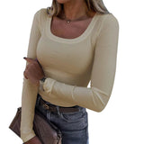 2025 Thread Pit Strips Long Long-Sleeved Square Collar T-Shirt Elegant Short Sleeves