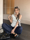 Korean Retro Black And White Striped Slanted Shoulder Short-Sleeved T-Shirt For Summer New 2026 Ribbon Spliced Knitted Small Top