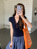 Tibetan Blue V-Neck Button Front Shoulder Design Feeling Short-Sleeved T-Shirt 2026 Summer New Fashion To Reduce The Beauty Of The Top